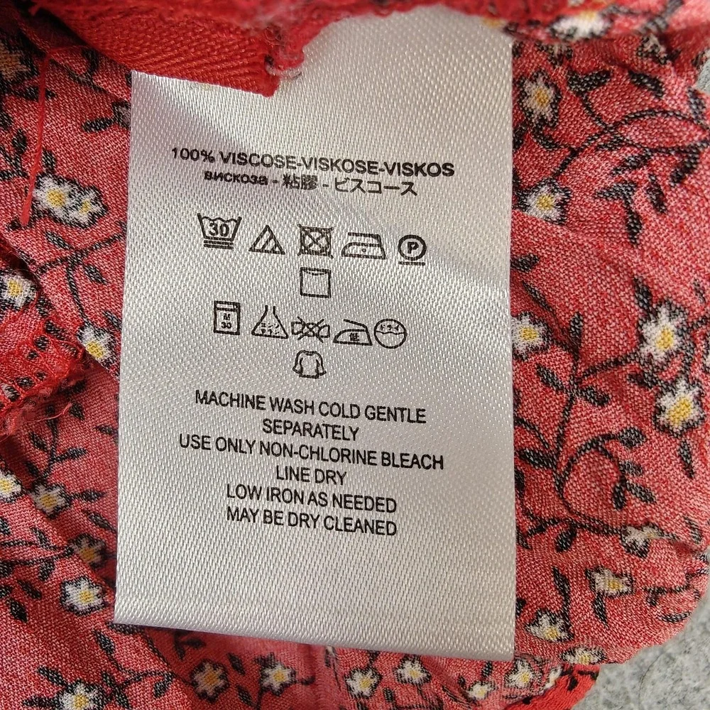 Free People Dress Womens Large Red‎ Floral Wrap Ruffle Mini V Neck Puff Sleeve